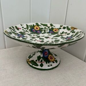Vintage Italian Pedestal Dish  ceramic pottery Painted Floral CCM Faenza Italy
